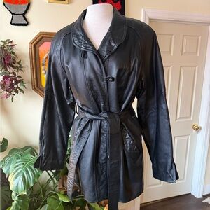 Elegant Black Genuine Leather Belted Jacket